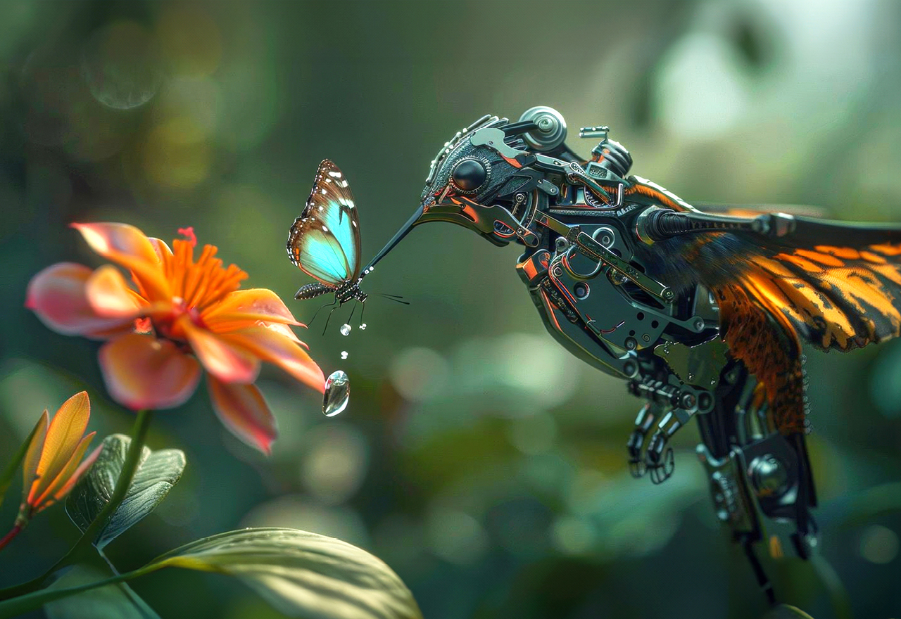 A mechanical hummingbird and butterfly