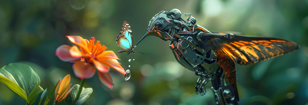 A mechanical hummingbird and butterfly