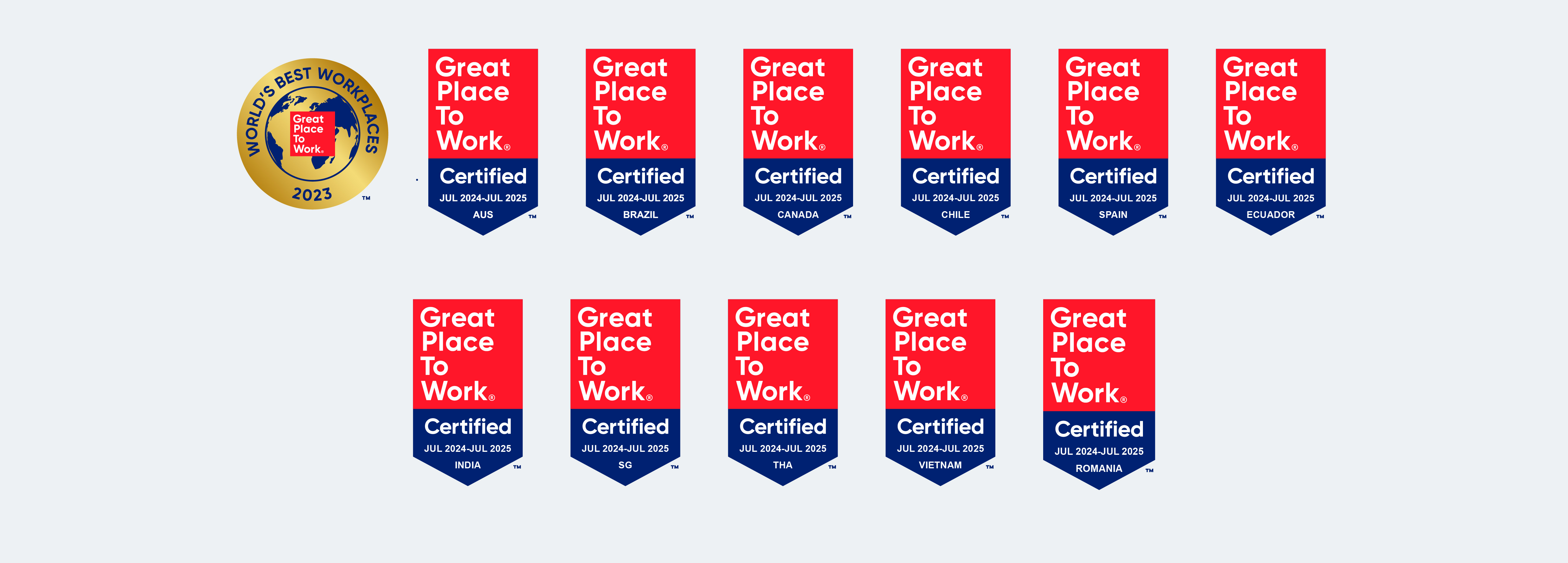 A variety of logos showing that Thoughtworks has been certified as a Great Place to Work in a number of regions across the globe