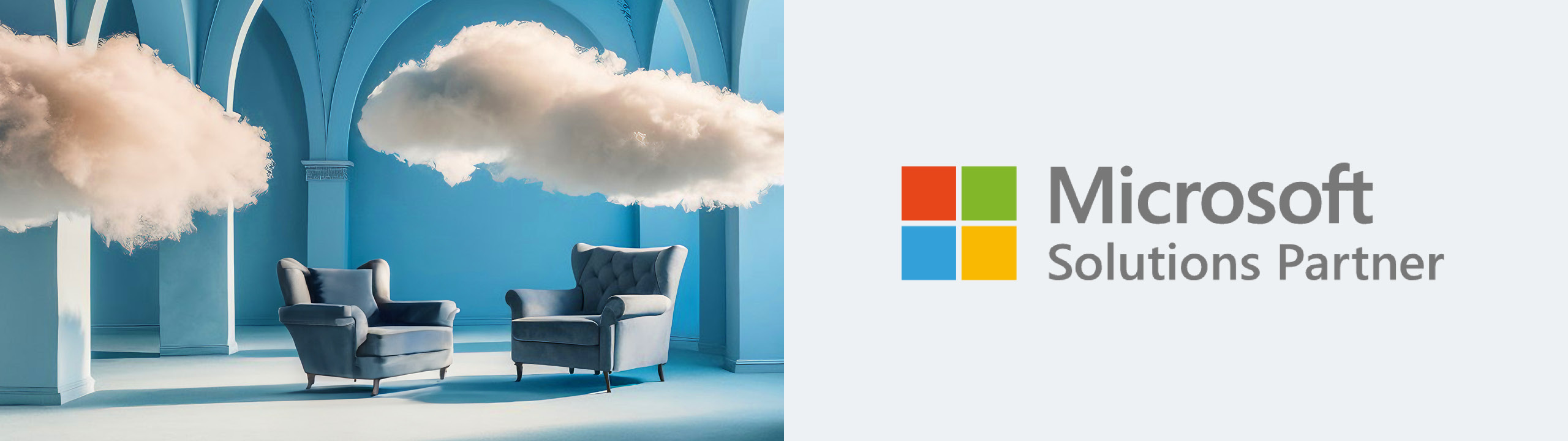 Duas poltronas cinzas em um ambiente com paredes azuis e nuvens brancas. À direita, o logo Microsoft Solutions Partner. 