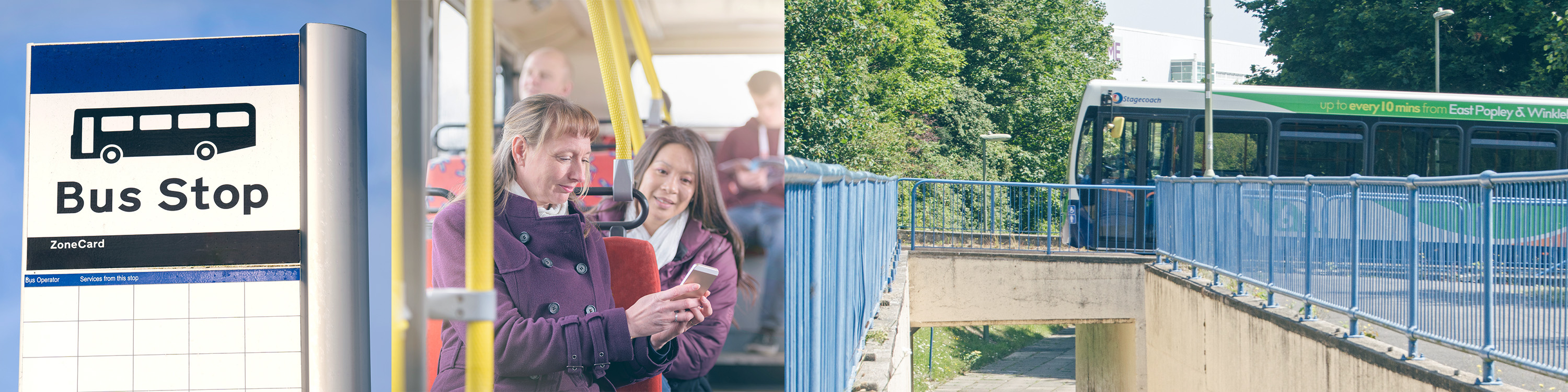 a row of images which includes a bus stop, two woman on a bus and a bus in transit