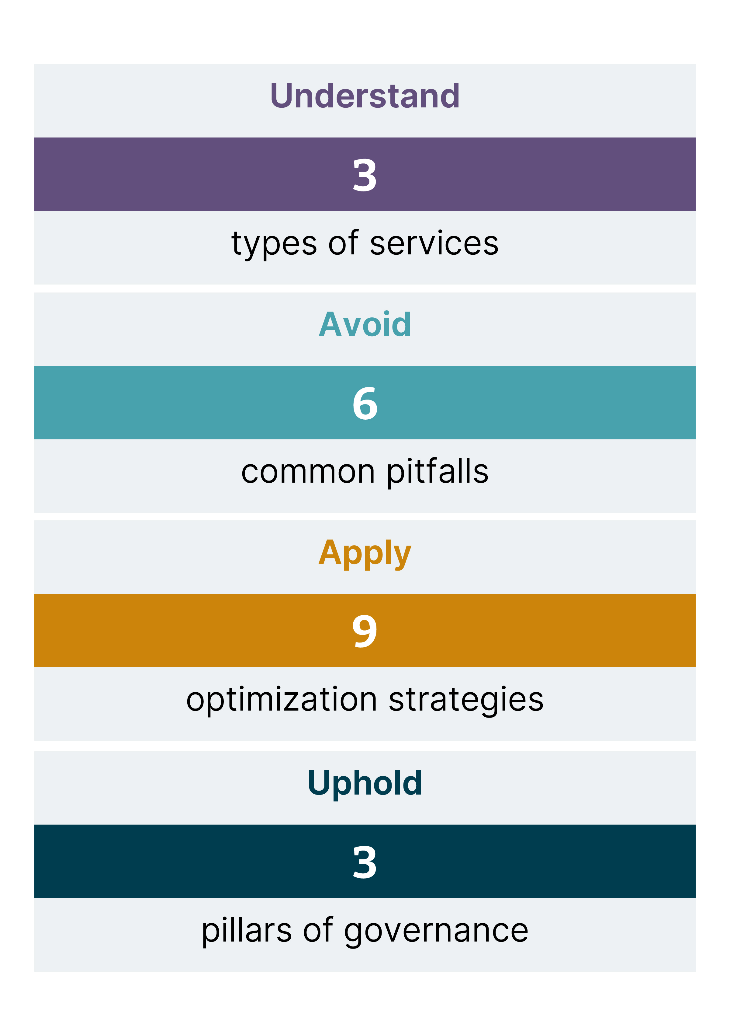 Understand 3 types of services, avoid 6 common pitfalls, apply 9 optimization strategies, uphold 3 pillars of governance