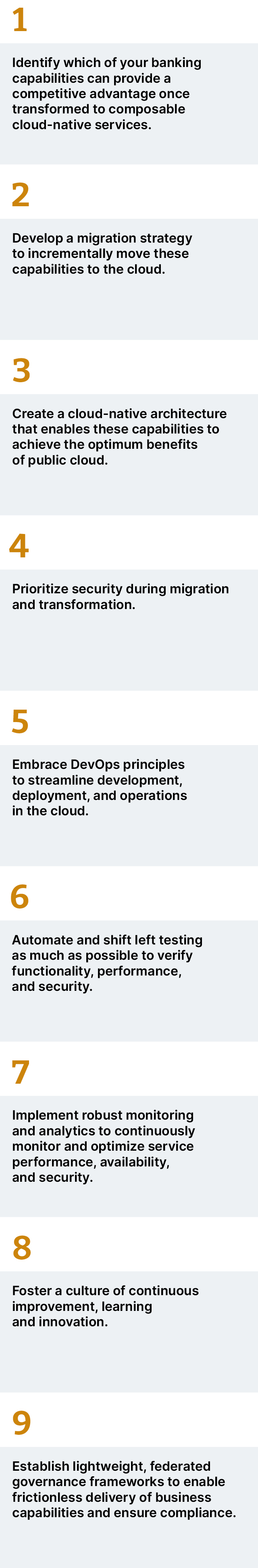 The key practices ensuring success in cloud-native transformation. These include focusing on business differentiation and incremental delivery of cloud-native technology with business value prioritization. Automation in delivery and quality assurance with the necessary operational tools enable delivering with speed and stability. Finally, no transformation can succeed without a generative culture of continuous improvement and federated guidance and governance.