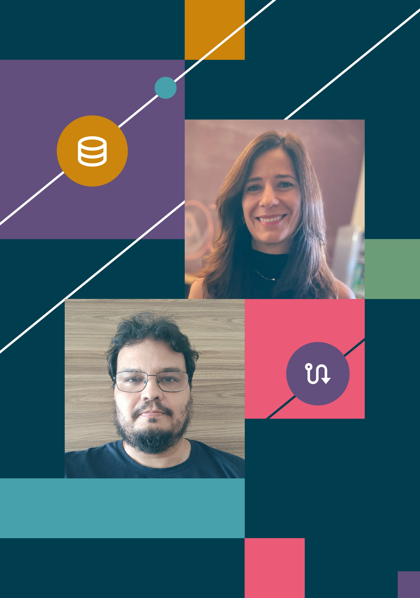 An image with a wave blue background, featuring squares scattered in flamingo pink, amethyst purple, jade green, and sapphire blue, along with white lines and circles in turmeric yellow and amethyst purple. The profile pictures of Marie Neves and Marcelo Clemente fill two of the squares.