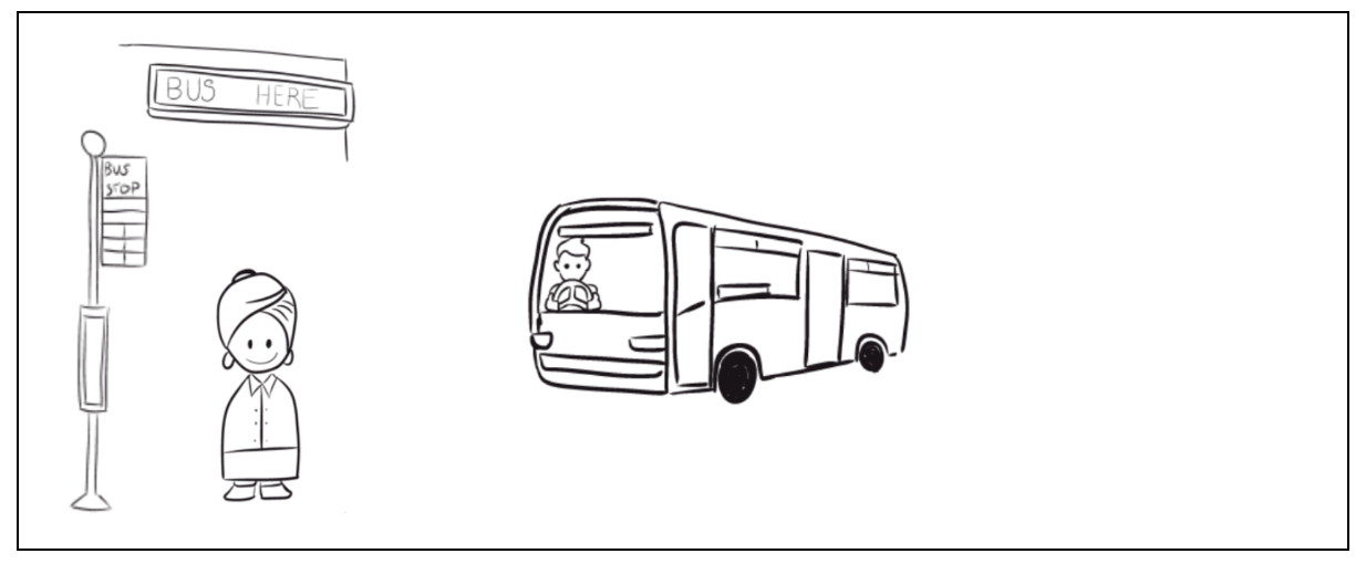 A woman waiting at a bus stop with the bus stop display showing “Bus here” and there’s a bus arriving. The woman has a big smile on her face. The image is drawn in a cartoon, outline style.