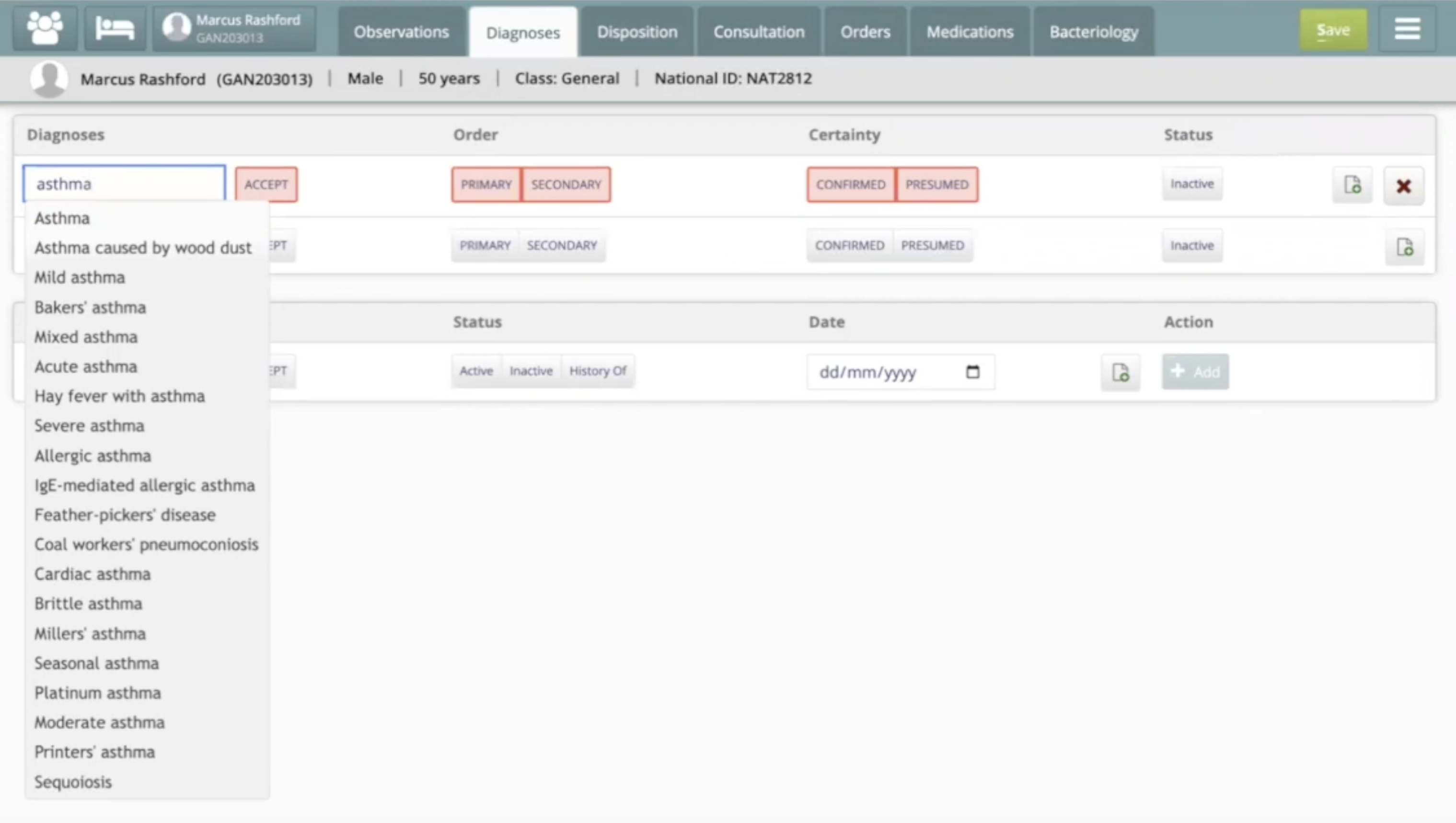 Screenshot from Bahmni clinical diagnosis entry screen