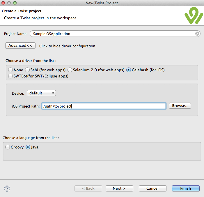 create a twist project with calabash driver