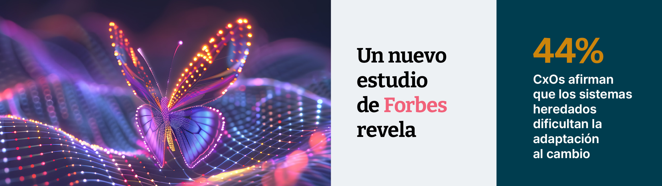 Ai generated digital butterfly flying. New Forbes Research reveals 44% of CxOs say legacy systems make adapting to change hard