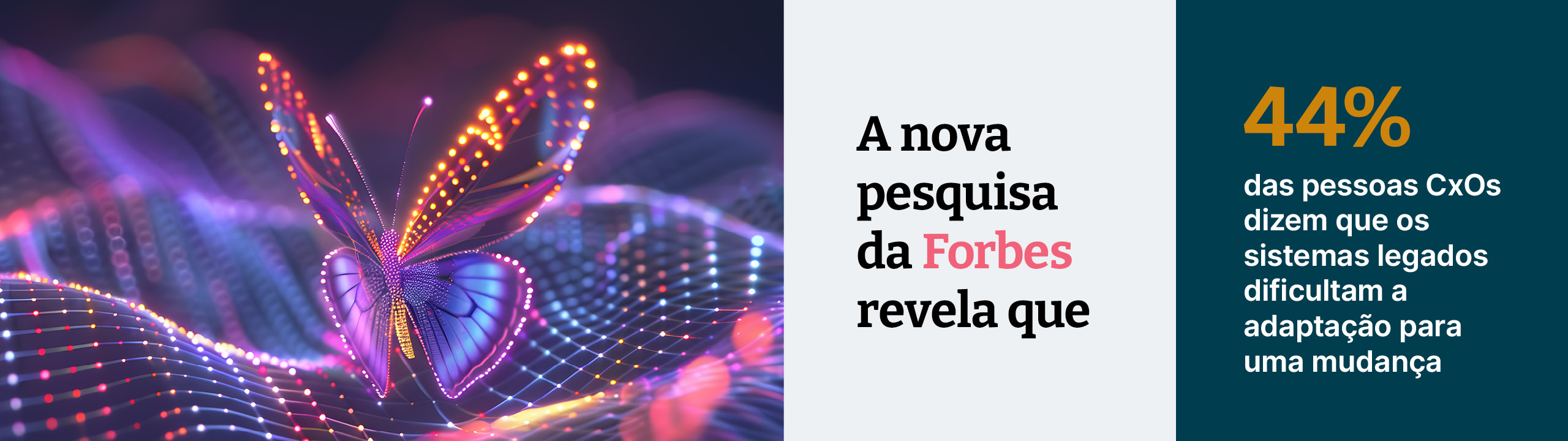 Pesquisa nova da Forbes revela que 44% dos CxOs dizem que os sistemas legados tornam difícil a adaptação à mudança e que os consideram uma fraqueza organizacional.