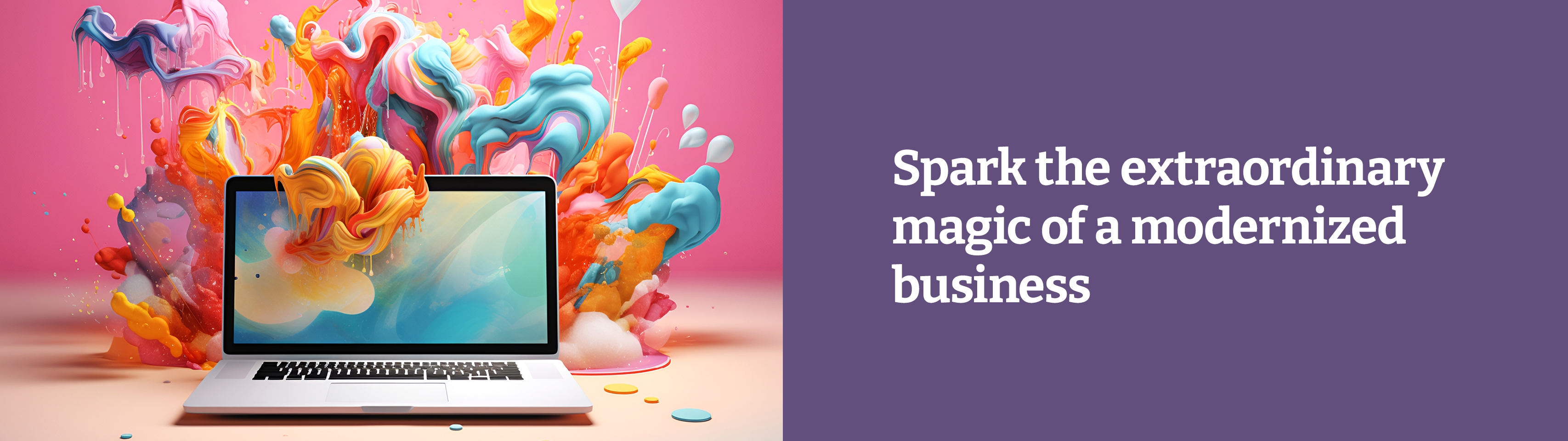 Laptop exploding a with 3D colours with text Spark the extraordinary magic of a modernized business