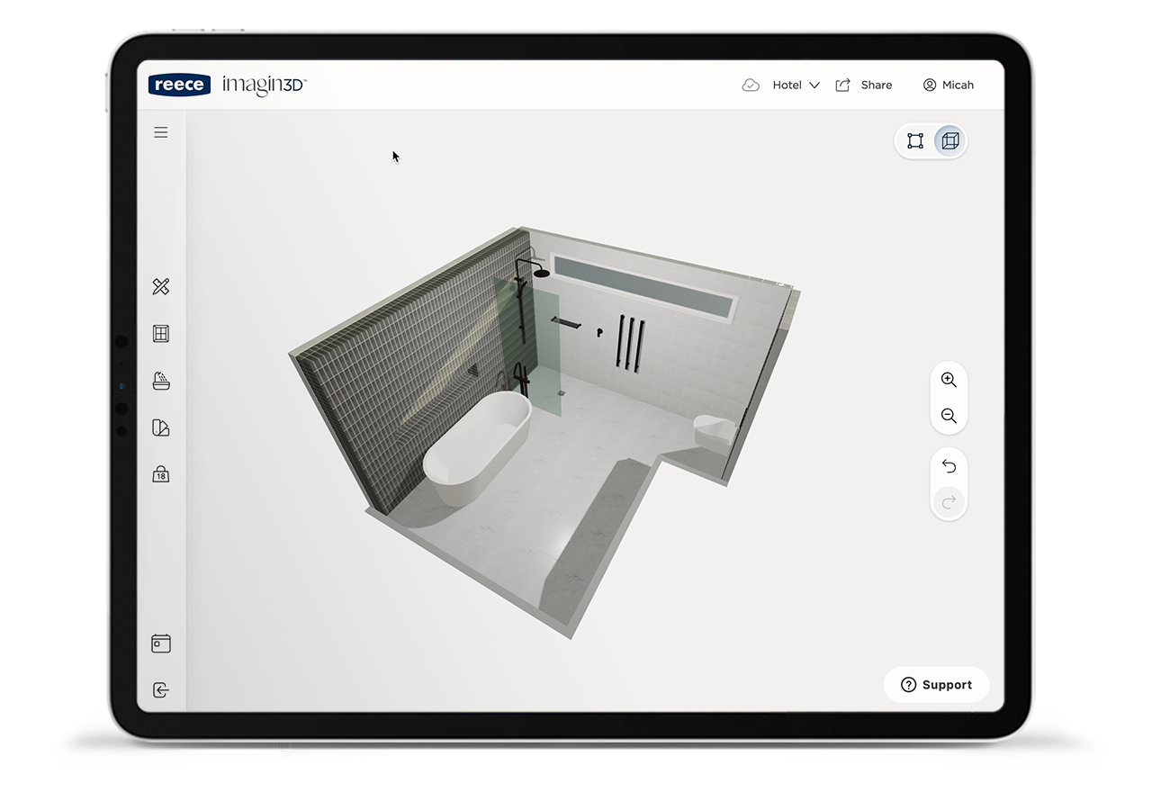 Product shot of the Reece Imagin3D tool on a tablet showing a modern black and white bathroom design including a bathtub, a shower and a toilet suite.