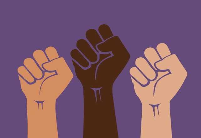 Illustration of three fists raised in protest